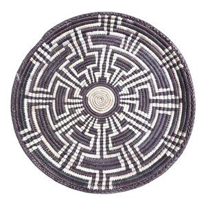 Vintage Handwoven Natural Coil Basket Crosses Maze Tribal Catch All Signed